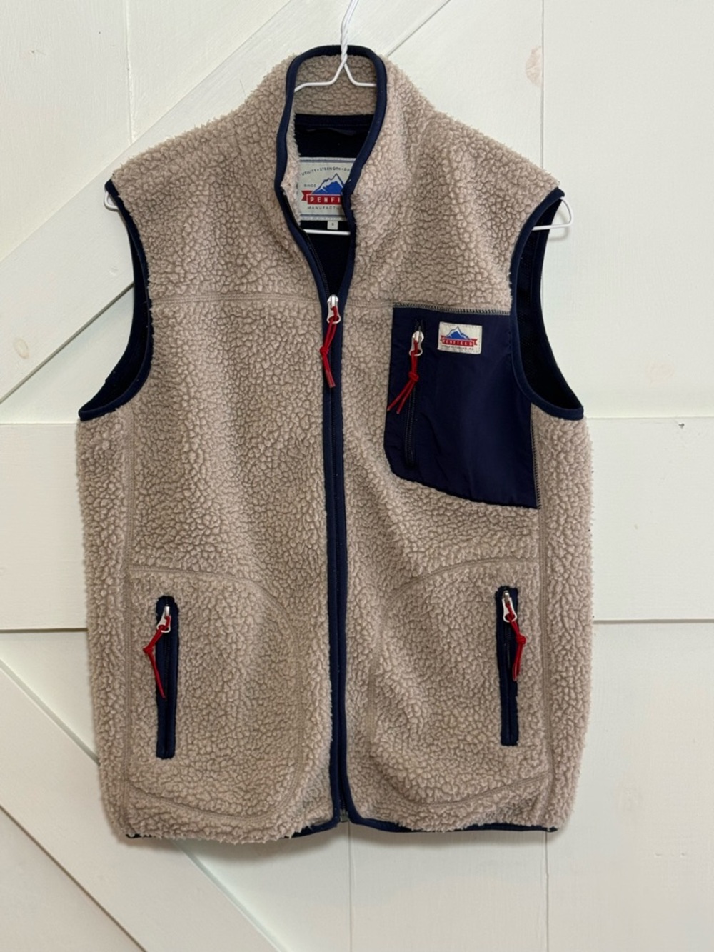 Penfield Sherpa Fleece Vest Small Tan Navy Full Zip Outdoor